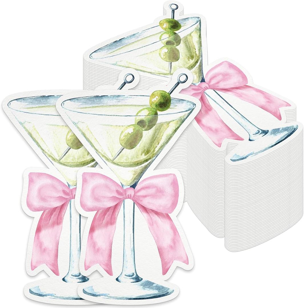 50PCS Martini Bow Party Supplies Martini Glass Shaped Napkins Pink Bow Birthday Decorations Martini Bow Disposable Bar Beverage Napkins for Girls Engagement Bridal Shower Bachelorette Party Favors