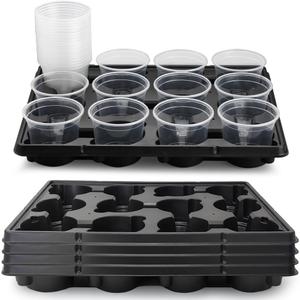 12 Cell Nursery Pot Trays 5 Pack with 4 Inch Clear Plant Pots 60 Pack, Thick Sturdy Seeds Starting Germination Shuttle Carrying Trays, Black Small Planter Nursery Propagation 5 Sets (4 Inch 60 Pack Pots With 5 Pack Trays, Black + Clear)