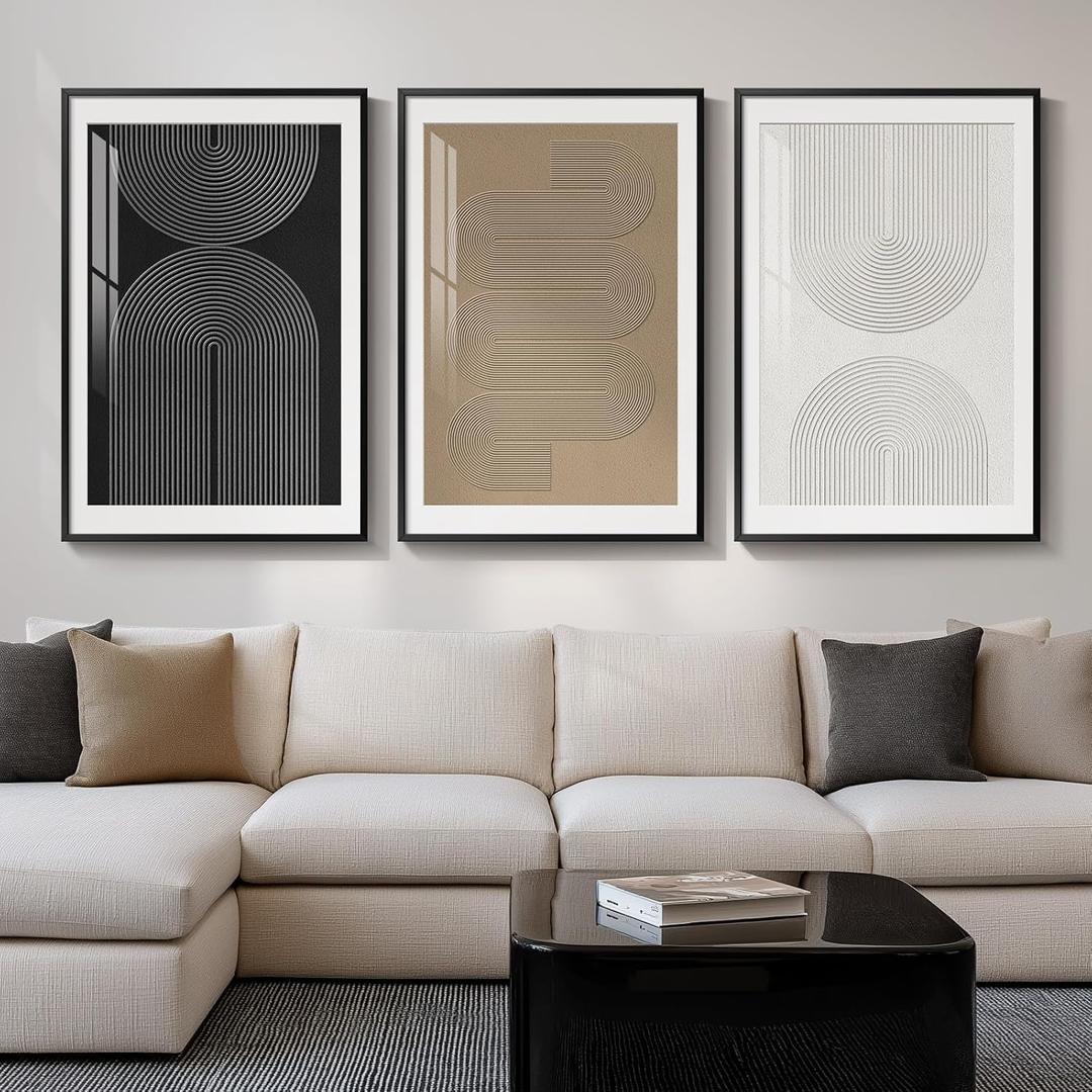 Large Framed Boho Neutral Abstract Wall Art for Living Room, 3 Piece Black White Brown Prints Paintings Artwork for Walls, Modern Minimalist Geometric Pictures for Hallway Office Wall Decor 24x36 In, 24" W x 36" H x 3Pcs