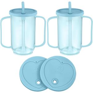 Sliner Adult Sippy Cups for Elderly 12 oz Straw Sippy Cups with 2 Handles No Spill for Adults Spill Proof Dysphagia Cup for Disabled Patients(Light Blue)