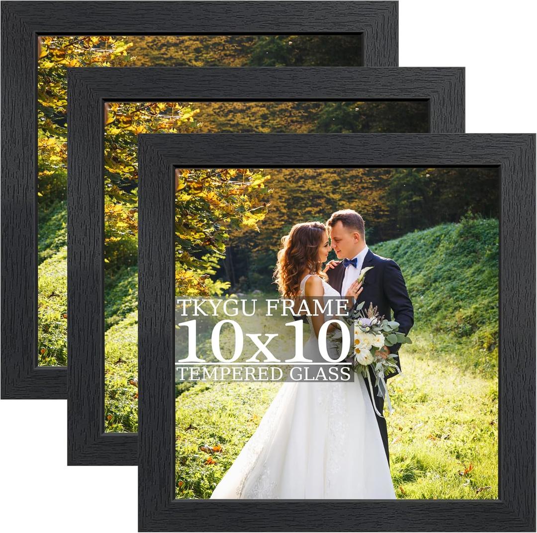 10x10 wood Picture Frame Set of 3, Made of Real Glass for 10x10 Black Frames, Wall and Tabletop Display Photo Frame for Home Dcor Gallery Family Wedding Memorial Pic Frame Gift