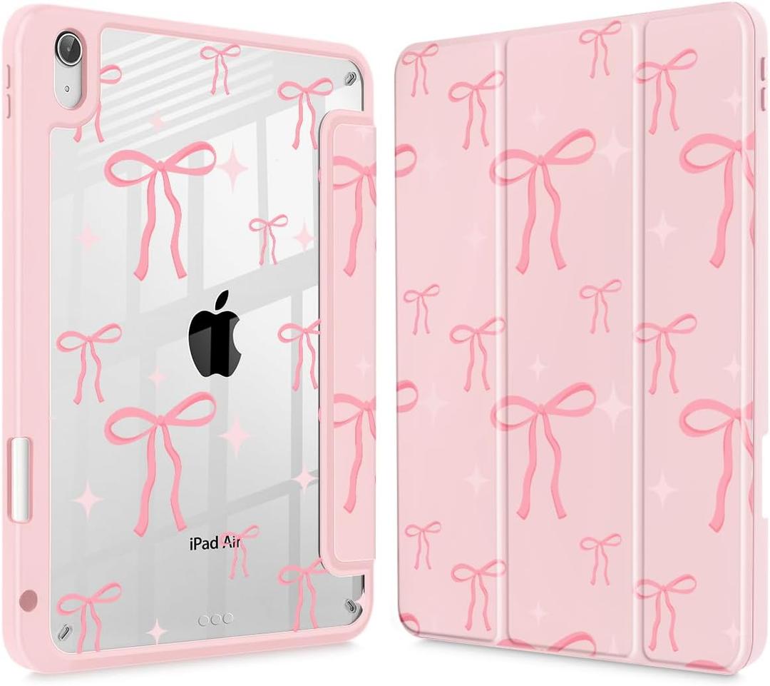 May Chen for iPad Air 11-inch M4/M3/M2 (2026/2025/2024), iPad Air 5th/4th 10.9 Inch - Shockproof Cover with Clear Back Shell & Penceil Holder Auto Wake/Sleep Stand Cover, Pink Bows P721