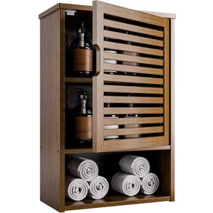 HITNET Medicine Cabinet, Wall Hanging Cabinet with Adjustable Shelf, Bathroom Storage Organizer Over The Toilet with Single Door and Open Bottom Shelf, Walnut
