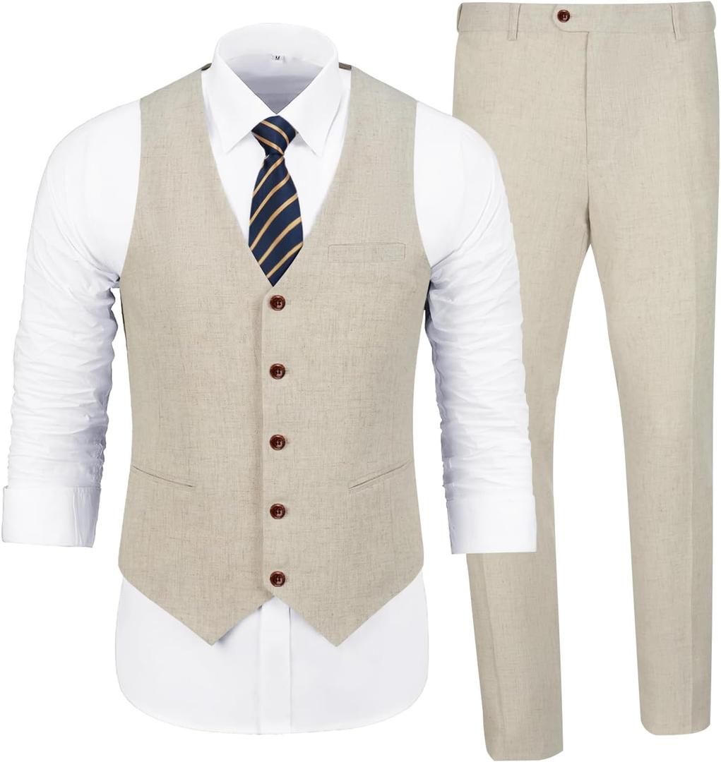 Men's Casual Linen Suit Set 2 Piece Slim Fit Wedding Suits Prom Groomsmen Suit Tuxedos Beach Suits Vest Pants (XX-Large, Beige)
