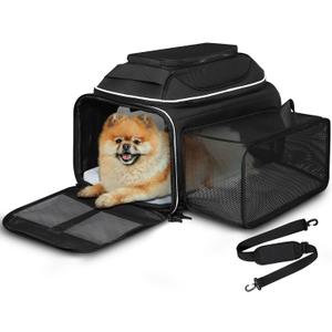 Petskd Top and Side Expandable Pet Carrier 17x11x9.5 Inches Alaska Airline Approved, Soft-Sided Carrier for Small Cats and Dogs with Locking Safety Zippers and Anti-Scratch Mesh (Black)