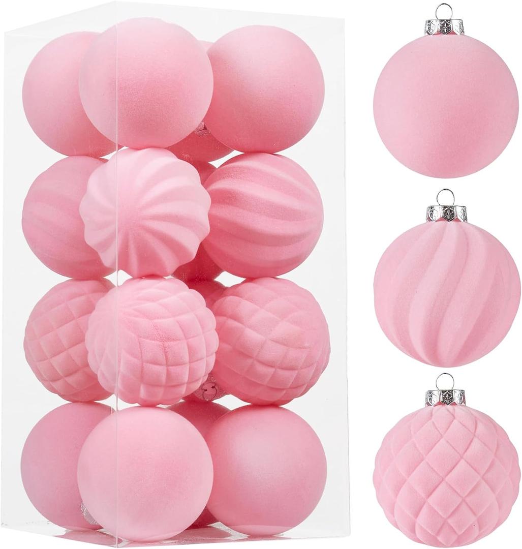 Wironlst Velvet Ornaments for Christmas Tree, 3 Style Flocked Matte Velvet Christmas Ball Ornaments, Shatterproof Decor for Xmas Tree Wedding Holiday Party Home (3.15" 16pcs Pink)