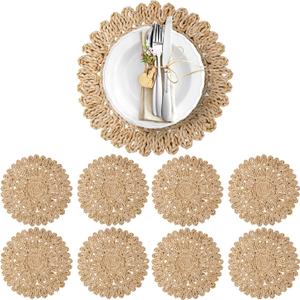 13.8" Corn Husk Woven Round Placemats Set of 8 - Wicker Boho Farmhouse Placemats - Rattan Table Mats Like Water Hyacinth for Dining Table, Wedding, Home