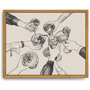 Roslynity Framed Canvas Wall Art Vintage Print Paintings Cheers Sign Friends Clinking Drinks Glasses Cocktails Retro Aesthetic Artwork for Home Living Room Bar Cart Kitchen Wall Decor (8"x10")