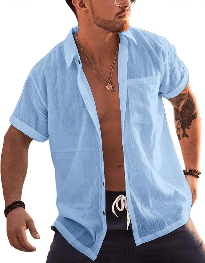 Bbalizko Mens Short Sleeve Button Up Shirts Linen Cotton Beach Tops Spread Collar Plain Summer T Shirt with Pocket (XX-Large, Blue)