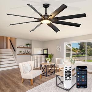 Ohniyou 72 Inch Industrial Ceiling Fan with Lights Remote Control, Black Large Ceiling Fan with 8 Aluminum Blades, 3 CCT, 6-Speed Quiet DC Motor for Living Room, Covered Outdoor, Shop, Garage