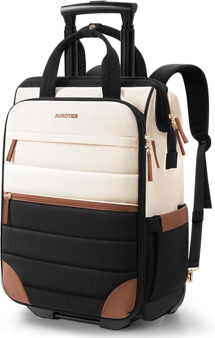 Rolling Puffer Backpack for Women, Travel Backpack with Wheels, 16 Inch Wheeled Laptop Backpck, Dual-Opening Design Overnight College Underseat Carry on Luggage, Roller Business Work Bag, Beige Brown