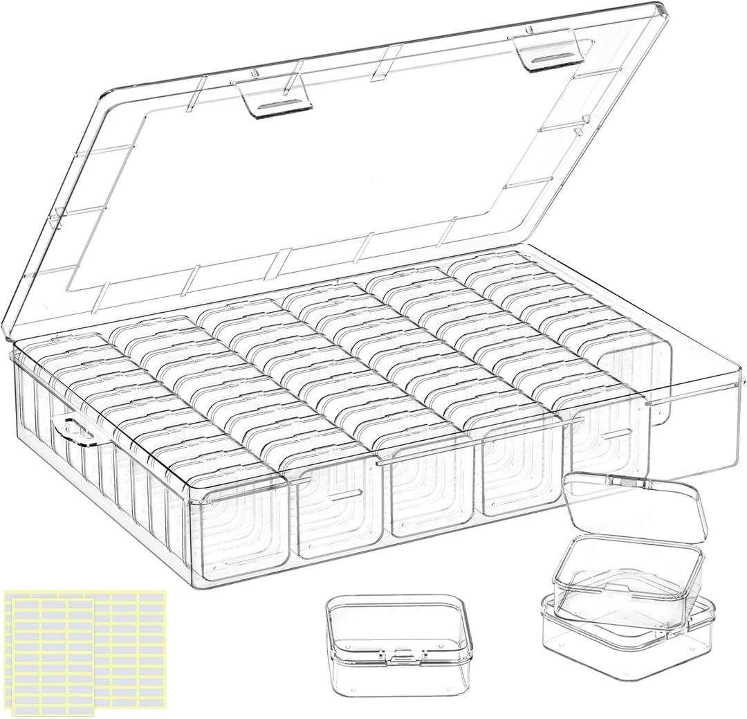 DILIBRA Large Bead Organizer Box, 66 Pcs Small Clear Storage Containers with Labels, Mini Bead Organizers and Storage Craft Case with Handle for Jewelry Bracelet Screws Seeds Diamonds Arts Small Parts