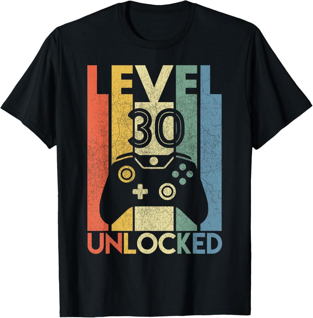 Level 30 Unlocked Funny Video Gamer 30th Birthday Gift T-Shirt, Size -L