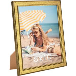 Wood 8x10 Frame Set Gold, Ornate Natural Wooden 10x8in Picture Frames, Modern Golden 8 x 10inch Gallery Photo Pic Frame with HD Plexiglass, Horizontal Vertical Wall Mounting Tabletop Display 1Pcs