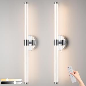 Hardwire Bathroom Vanity Light Fixtures, LED Vanity Light Bar Over Mirror Set of 2 with Remote, Chrome 3000K-6000K & Dimmable Linear Modern Wall Sconce with 360 Full Lighting Acrylic Shade, 24.5 inch