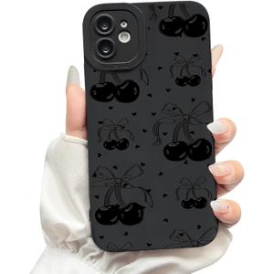 NITITOP Compatible with iPhone 12 Mini Case Cute Cherry Bow Ribbon Pattern for Girls Women Soft TPU Durable Full Camera Lens Shockproof Protective Cover - Black