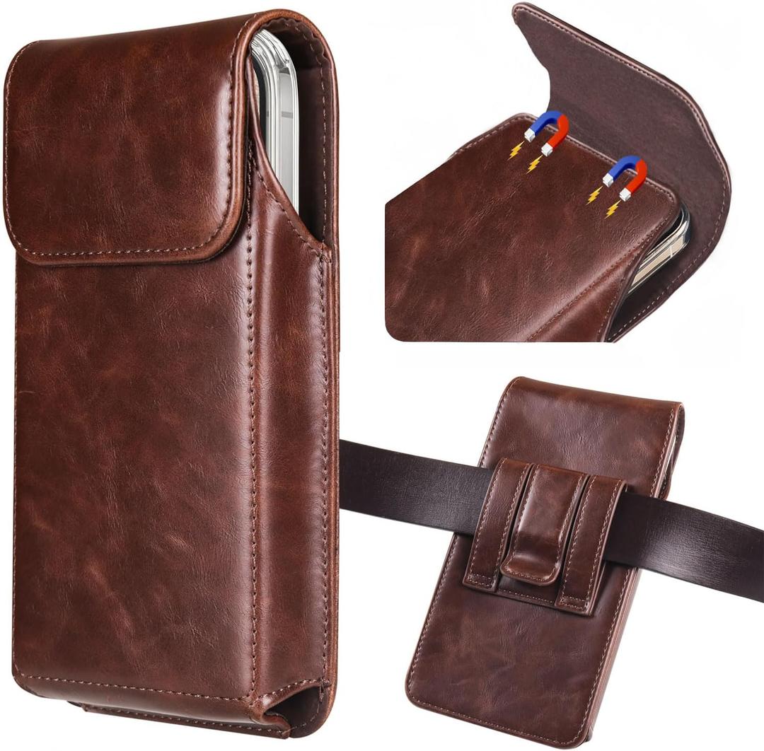 Cell Phone Holster for iPhone 16, 16e, 15, 15 Pro, 14, 14 Pro, 13, 13 Pro, 12, 12 Pro, 11 Pro, Galaxy S25, S24, S23, S22, Premium Leather Phone Pouch Holster for Men with Belt Clip, Coffee (Medium)