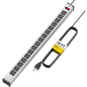 Long Surge Protector Power Strip,16 Outlet Heavy Duty Power Strip Metal Power Bar,10 FT Long Extension Cord with Circuit Breaker for Garage, Workshop, Industrial(125V/1875W, ETL Listed)