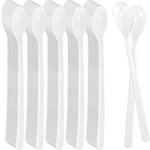 50pcs Extra Long Duty Plastic Spoons, 7.3 Inch Sturdy Disposable Ice Cream & Milkshake Spoons for Tall Glasses, Bubble Tea, Cocktails, Floats - Commercial, Cafes, Party Supplies (White)