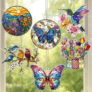 Patelai 6 Pcs Acrylic Butterfly Suncatcher Ornament Faux Stained Glass Butterfly Gifts for Women Colorful Hummingbird Cardinal Suncatcher Window Hanging Decor for Home Spring Summer Nature Lover