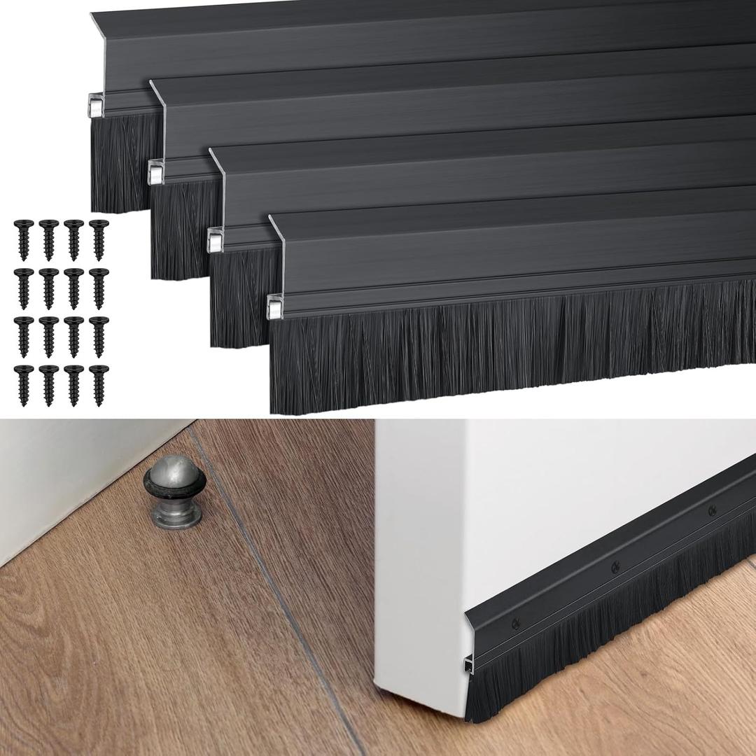 Hushee 4 Pack 36 Inches Brush Door Sweep for Exterior, Aluminum Commercial Door Sweep Bottom All-Season Alloy Brush for Exterior and Interior Sealing Gaps Keeps Cold Air, Dust Out (Black)