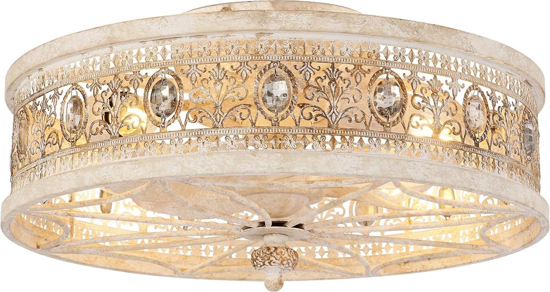 Vintage French Country Fandelier Ceiling Fan with Lights and Remote,Small Antique Flush Mount Caged Bladeless Light with Crystal, Low Profile for Hallway, Bedroom,Dining Room (antique white gold)