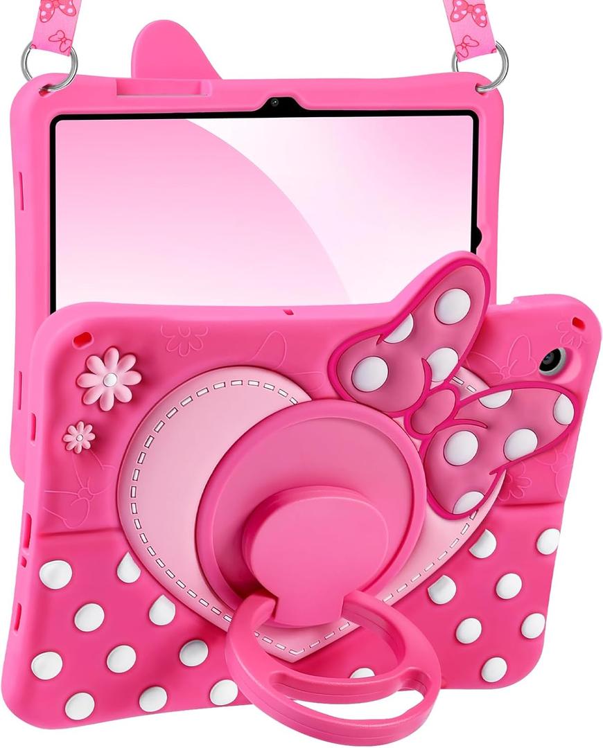 Boaretiu Kids Case for Samsung Galaxy Tab A9 Plus 11 Inch 2023 (SM-X210/X216/X218) - Cute Girly Cartoon Soft 3D Bow Heart Dot Silicone Case with Strap & Rotating Stand Tablet Cover for Girls Teens