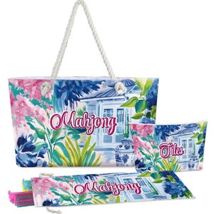 Empty Mahjong Bags Set for Tiles and Racks 24x13x4.7 Inch American Mahjong Carrying Bag Tote Tiles Bag Drawstring Protective Sleeve for Rack Pusher Party Travel, Case Only(Floral)