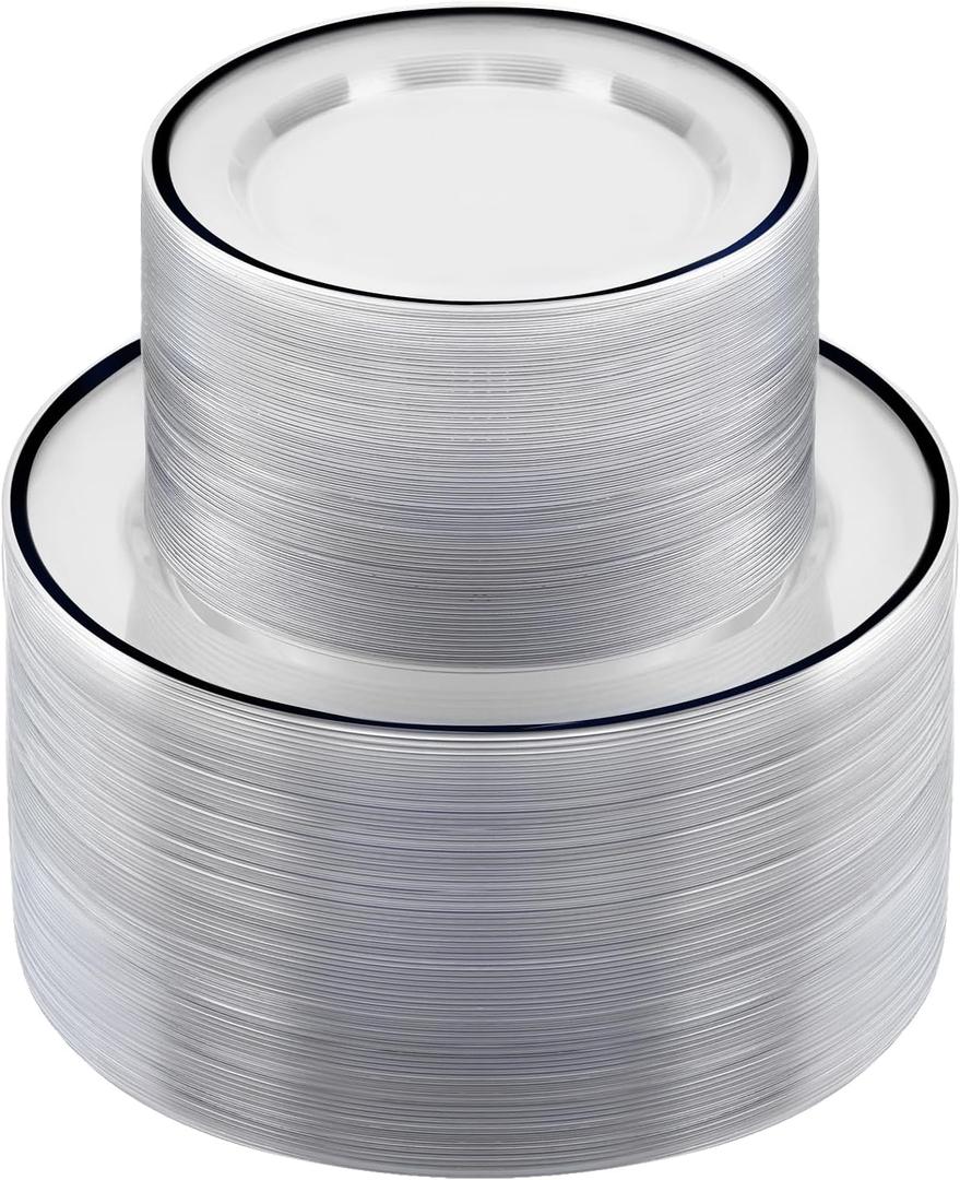 BESTSTAR 200PCS Black and Clear Plastic Plate, Black Disposable Plate Set with 100 Dinner Halloween Plates and 100 Dessert Plates for Party