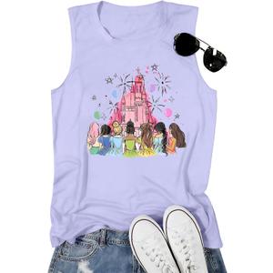 Magic Princess Tank Tops for Women: Magical Shirt Fairy Castle Graphic Tank Family Vacation Vest Summer Sleeveless Tops, Medium