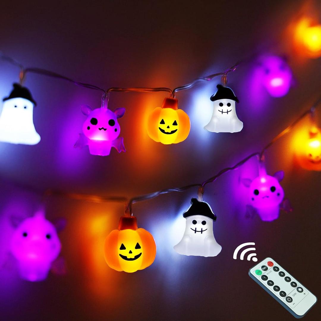Halloween Lights Decorations, 16.4 FT 30 LED Pumpkin Bat Ghost Spooky Battery Operated Cute Orange and Purple String Lights Cozy Remote Timer 8 Lighting Modes Twinkle Indoor Outdoor Window Porch Decor