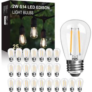 25Pack 2W S14 LED Glass Bulbs for Outdoor String Lights Replacement, E26 Medium Screw Base, 2700K Warm White LED Edison Light Bulb, 2 Watt to Replace 11w/20w/25w s14 Incandescent Bulbs