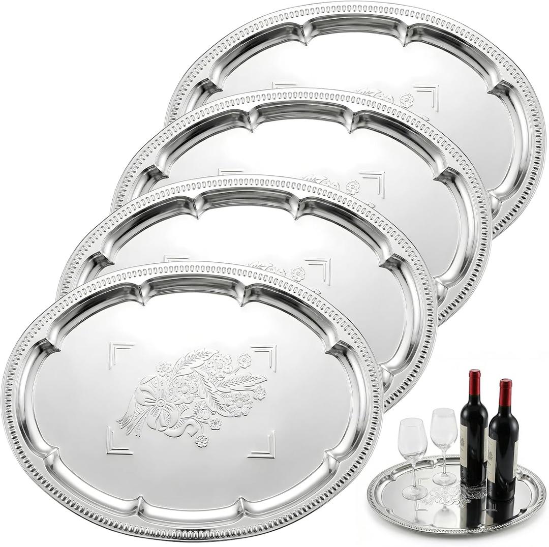 4 Pack 15.7" x 11.8" Large Silver Serving Trays Set, Elegant Floral Engraved Mirror Metal Plate Party Decorative Platters for Cookies Charcuterie Desserts Fruit Food Display(Oval)