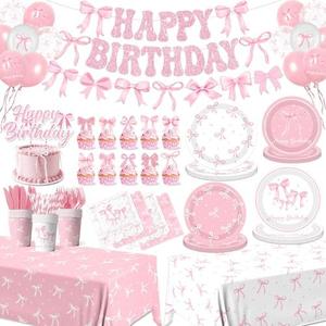 Pink Bow Birthday Party Supplies Serve, Coquette Birthday Decorations Include Bow Plates Napkins Cups Banner Tablecloth Cake Topper Balloons Bow Theme Tableware for Girls Bachelorette Decor