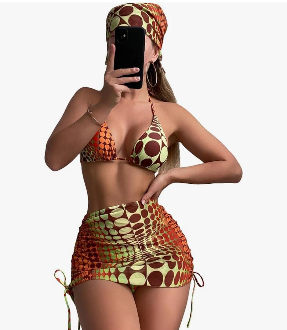 COZYEASE Women's 4 Piece Swimsuits Sexy Bikini Sets Triangle Bathing Suit with Mesh Cover Up Beach Skirt & Bandana,M