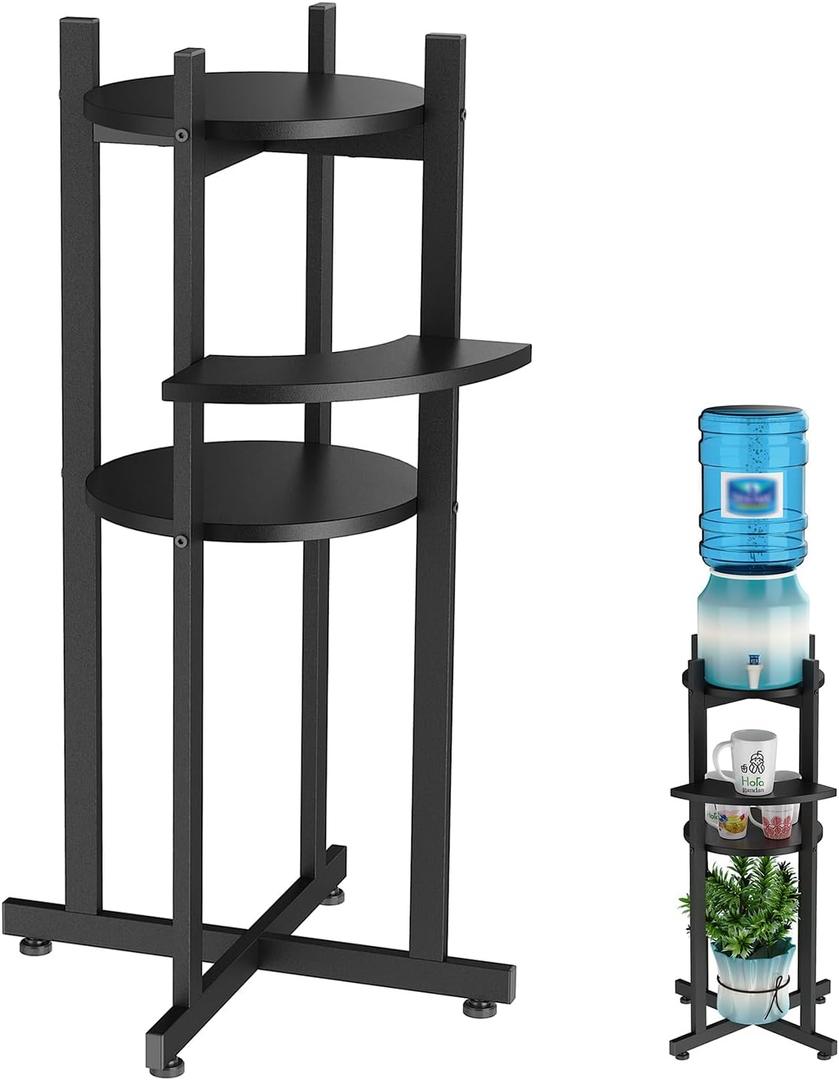 Water Dispenser Floor Stand with Curved Shelf for Cups, Metal with Wood Storage Shelf for 1-5 Gallon Water Bottle/Crocks, Drink Dispenser, Beer Keg, and Potted Plant, Black