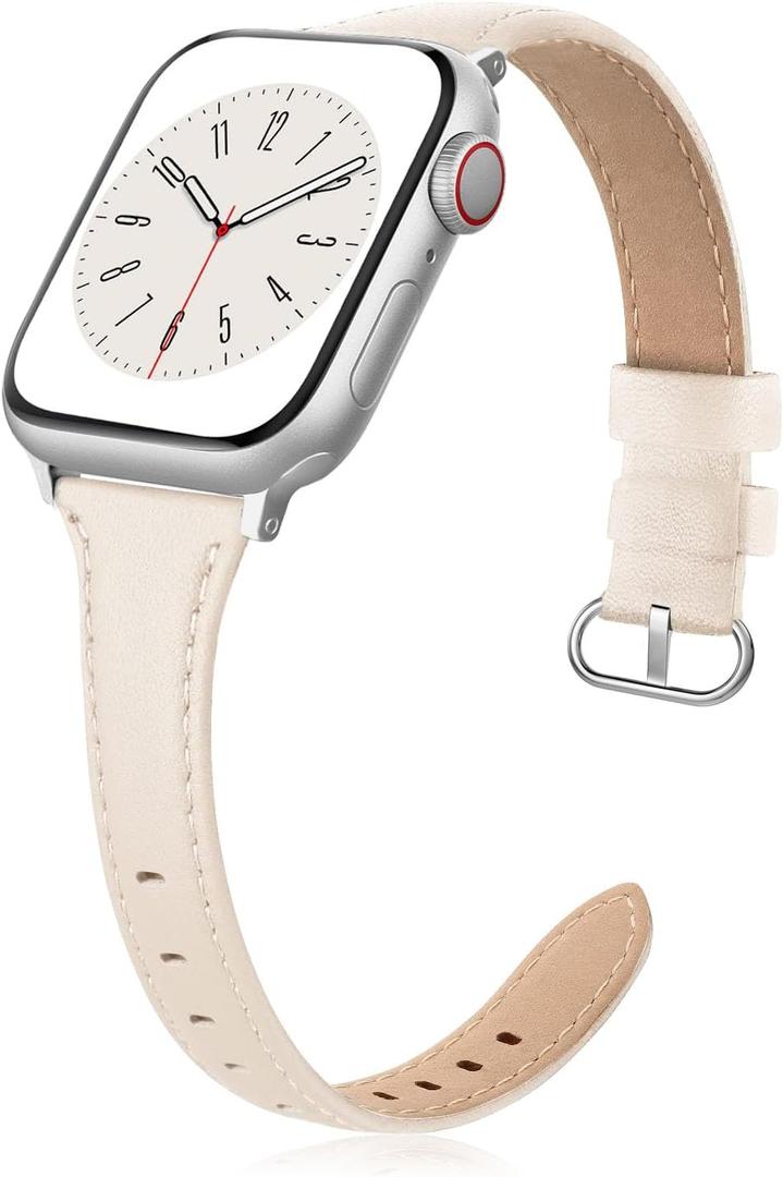 Slim Leather Band Compatible for Apple Watch 38mm 40mm 41mm 42mm Series 10, Slim Thin Elegant Top Grain Genuine Leather Strap Compatible for iWatch Series 10 9 8 7 6 5 4 3 2 1 SE Women (PealWhite)