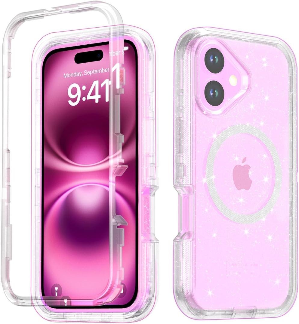 Designed for iPhone 17 Case,[Compatible with Magsafe] [Non-Yellowing] [Without Screen Protector] Shockproof/Dust/Drop Proof 3-Layer Full Body Protection Rugged Heavy Duty Cover, Clear Glitter