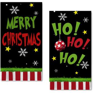 Seliem Christmas Kitchen Dish Towels Set of 2, Stink Stank Stunk Green Xmas Hand Towels Black Drying Baking Cooking Cloth, Red White Stripes HOHOHO Funny Holiday Home Kitchen Decor 18x26 Inch