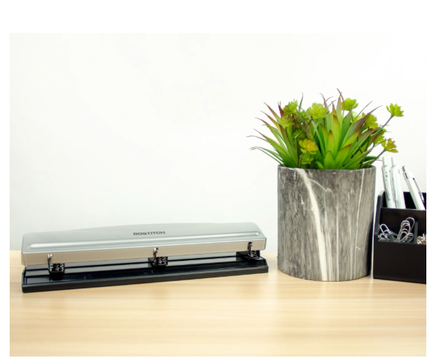Bostitch Office Premium 3 Hole Punch, 12 Sheet Capacity, Metal, Rubber Base, Easy-Clean Tray, Silver