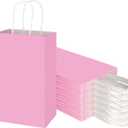 Toovip 50 Pack 5.25x3.25x8.25 Inch Small Light Pink Kraft Paper Bags with Handles Bulk, Gift Wrap Bags for Favors Grocery Retail Party Birthday Shopping Business Goody Craft Merchandise Take Out Sacks