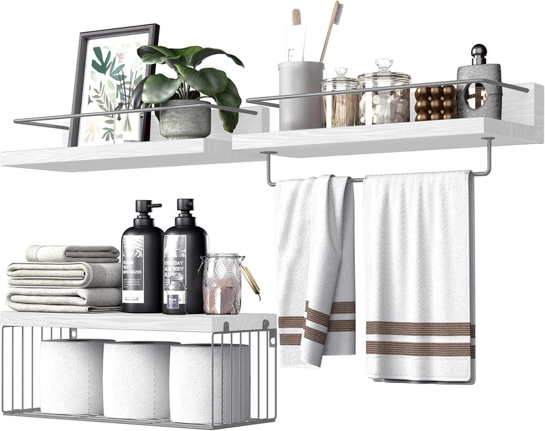 Bathroom Shelves Over Toilet for Wall, Floating Shelves with Storage Basket Paper Holer for Kitchen Living Room, Bedroom & Classroom, Set of 3 (White and Grey) (15.7")