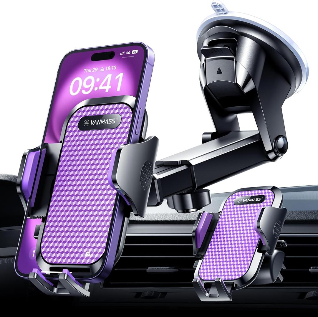 VANMASS Ultimate Car Phone Holder 2025Military-Grade & Strongest Suction Phone Holder for Your CarPatent & Safety Certs Windshield Dashboard Vent Cell Phone Car Mount for iPhone Samsung Android (Purple)