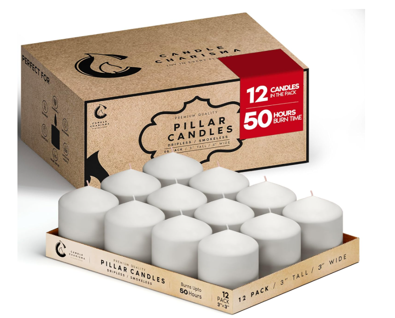 Candle Charisma White Pillar Candles Bulk Pack of 12 – (3x3 Inch) Long-Lasting 50-Hour Burn, Dripless & Smokeless – Perfect for Hassle-Free Decor at Weddings, Fall Table Centerpieces & Special Events