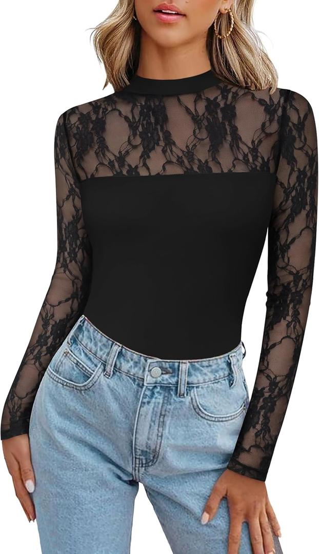 Zeagoo Long Sleeve Shirts for Women's Lace Tops Mesh Sheer Crew Neck Shirts Sexy Spring Going Out Blouse (Black) M