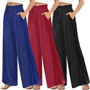 3 Pack Capri Pants for Women Summer Wide Leg High Waisted Lounge Pant Adjustable Drawstring with Pockets 2XL