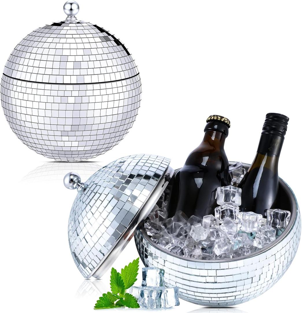 Hoolerry 2L Disco Ball Ice Bucket for Cocktail Bar Retro 70s Barware Mirror Silver Disco Beverage Vase Bowl Drink Barrel Double Stainless Steel Bachelorette Party Gift Supplies