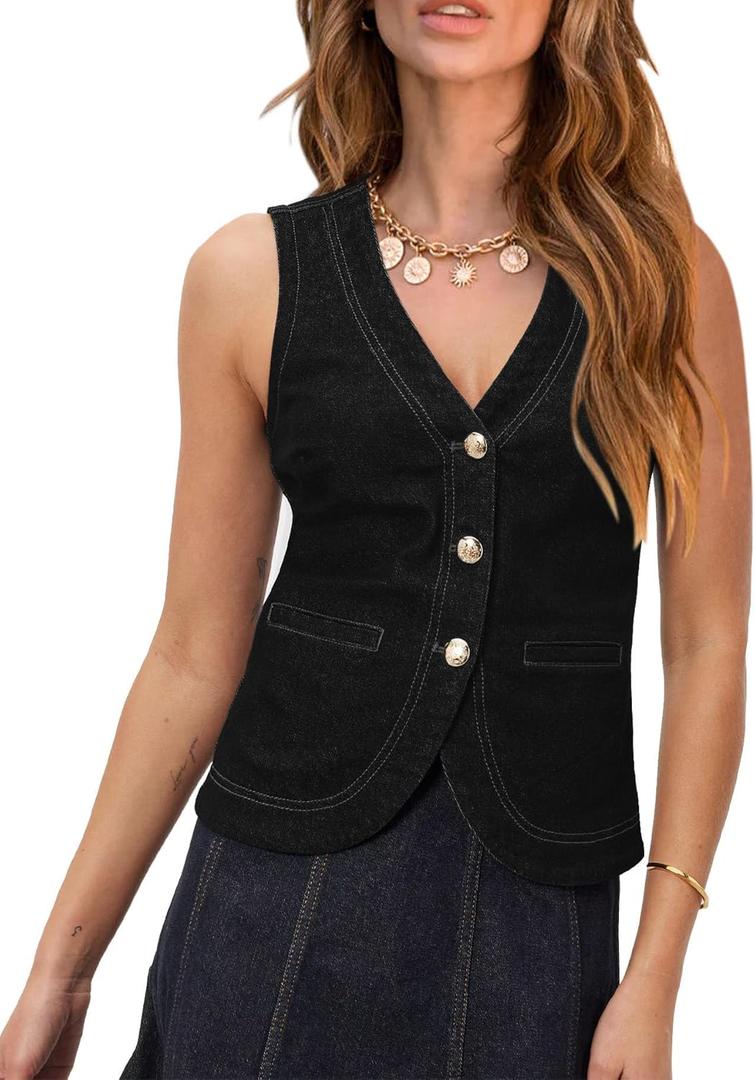 PRETTODAY Women's V Neck Denim Vest Button Down Sleeveless Casual Jean Waistcoast Top (Large, Black)