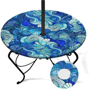 Blue Round Outdoor Tablecloth With Umbrella Hole, Retro Fitted Table Cover With Zipper, Waterproof Windproof Umbrella Table Cloth with Elastic(48''-54'')