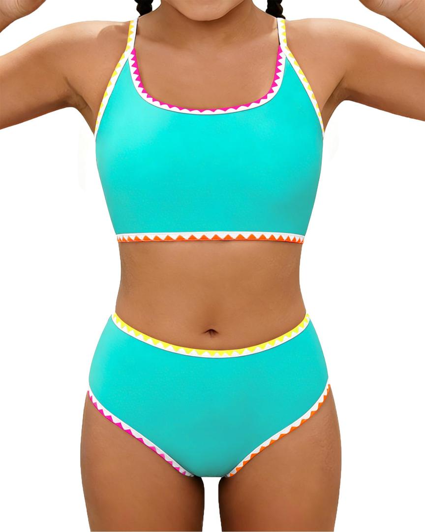 XUNYU Teen Girls Swimsuit 2 Piece Bathing Suit Tummy Control Girls' Swimwear High Waisted Bikini Sets Cute Floral Swim Suits